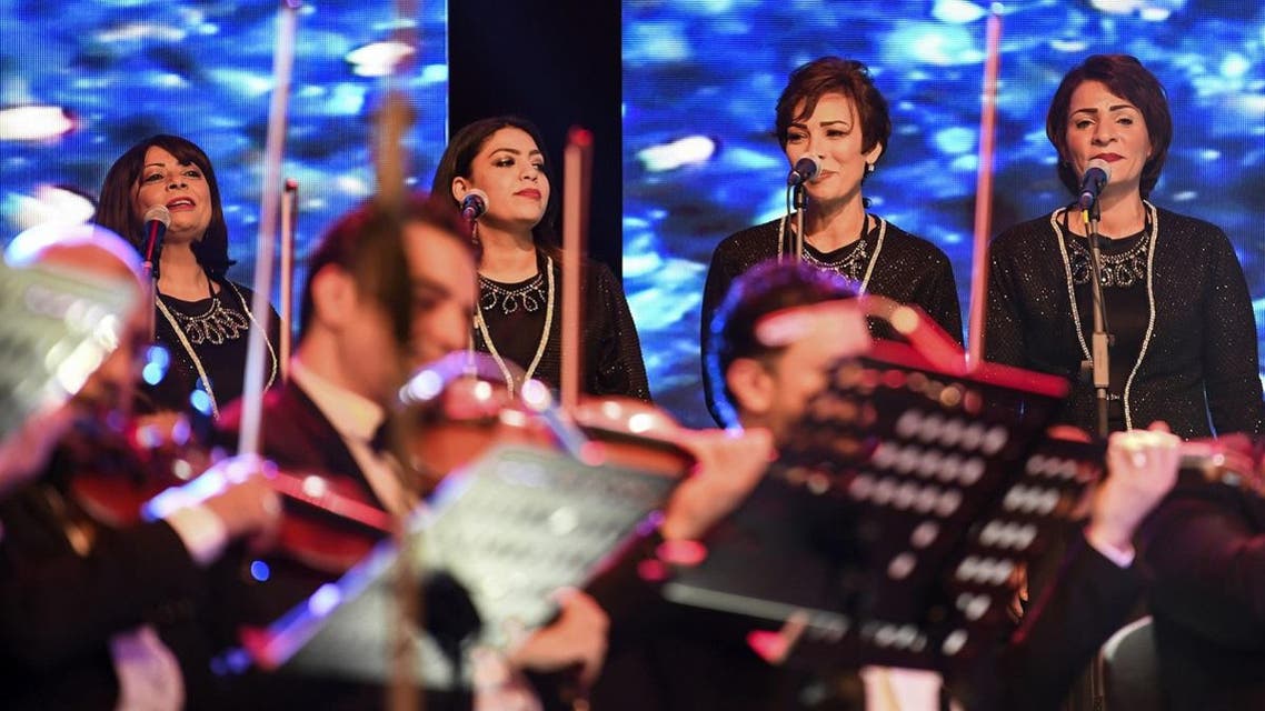 the Cairo Opera House's National Arab Music Ensemble (AME) performing at the King Fahd Cultural Centre in Riyadh. (AFP)