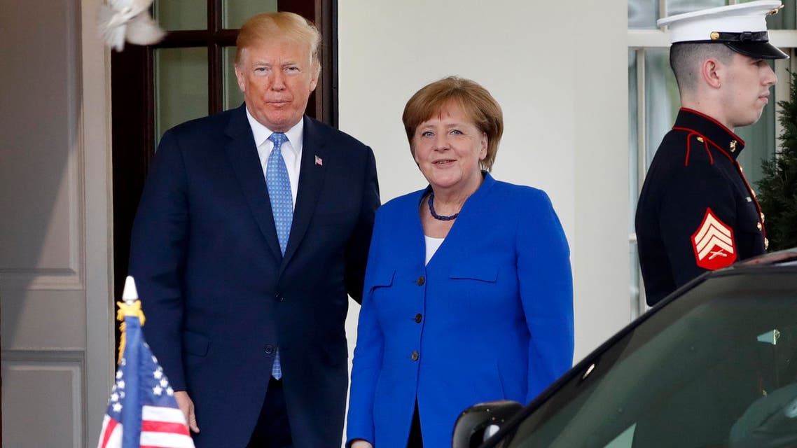 President Trump greets Chancellor Merkel at the White House in Washington on April 27, 2018. (AP)