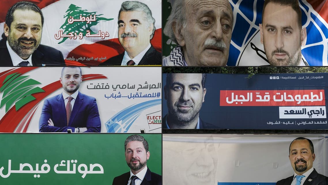 (COMBO) This combination of pictures created on April 19, 2018 shows the electoral banners of Lebanese candidates in the upcoming parliamentary elections, of (top from L to R) Camille Chamoun and his late grandfather and Lebanese president bearing the same name hanging in Kahhale, current Prime Minister Saad Hariri and his late father and former PM Rafic Hariri in Beirut, current MP Walid Jumblatt and his son Taymour Jumblatt in Beirut, (middle from L to R) Nehme Frem in Nahr Ibrahim, Sami Fatfat in Tripoli, Raji Assaad in Araya, (bottom from L to R) Tony Franjieh in Monsef, Faisal Karameh in Tripoli, and Zaher Eido in Beirut. For decades the same families have played a pivotal role in the small Middle Eastern country, officially ruled by a parliamentary democratic system but where political power is still informally handed down through generations.