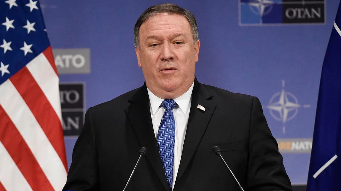 Pompeo addresses a press conference during a NATO Foreign ministers’ meeting in Brussels on April 27, 2018. (AFP)