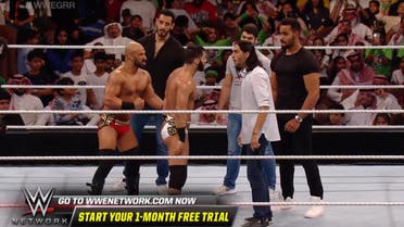 The WWE tryouts - Nessar, Hussein, Mansoour, and Faisal – were interrupted by The Daivari Brothers, who were representing Iran. (Screenshot)