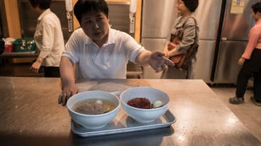 Waiter serves a 'Pyongyang naengmyeon' cold noodle dish at a Seoul noodle bar restaurant. (AFP)