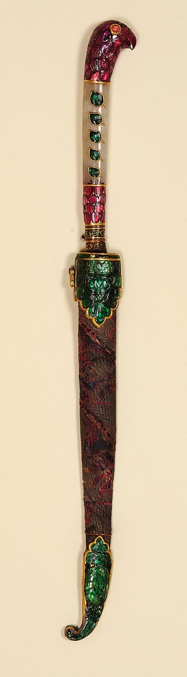 Fruit knife belonging to Queen Noorjahan with a jade hilt and inlaid with precious stones, 17th century. (Supplied)