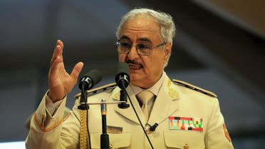 Libyan Strongman Khalifa Haftar attends a military parade in the eastern city of Benghazi. (AFP)