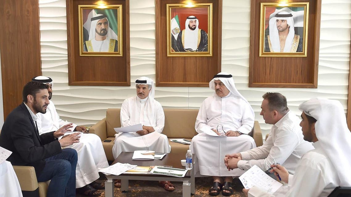 His Excellency Saeed Hareb, the Secretary General of Dubai Sports Council, and HE Mohammed Abdulkarim Julfar, President of the UAE Handball Federation, in a meeting with former French handball star Bertrand Gille and Slawek Gebka, the owner of the 500 Super Final Handball match.