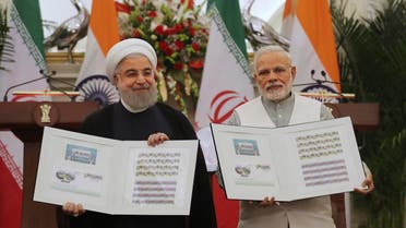 Indian Prime Minister Narendra Modi with Iranian President Hassan Rouhani in New Delhi on Feb. 17, 2018. (AP)