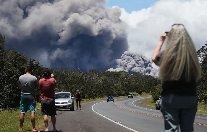 An ash plume rises from the Kilauea volcano on Hawaii's Big Island on May 15, 2018 in Volcano, Hawaii. (AP)