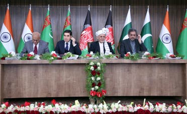 Afghanistan’s President, Ashraf Ghani, third left, Turkimanistan president, Gubanguly Berdimuhamedow, second left, Pakistan Prime minister, Shahid Khaqan Abbasi, forth left, and Indian minister of state for external affairs, M. J. Akbar, first left, during the integration ceremony of TAPI pipeline in Herat on Feb. 23, 2018. (AP)