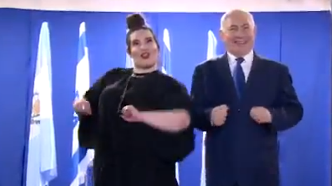 A video clip posted on Twitter showed Netanyahu flapping his arms with Barzilai as they did her trademark moves. (Screengrab)