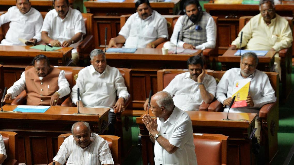 Chief Minister B.S. Yediyurappa of the Bharatiya Janata (BJP) party gestures after addressing the Karnataka State Legislative Assembly session before resigning from his post at Vidhana Soudha in Bangalore on May 19, 2018. (AFP)