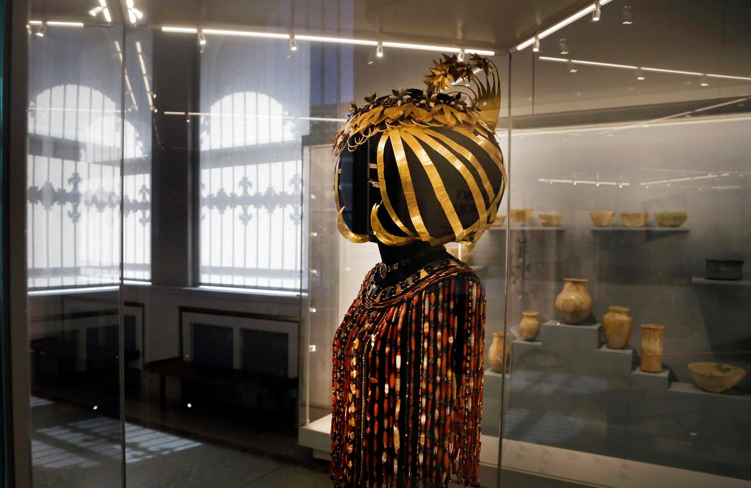 The headdress and jewelry of Queen Puabi dating to some 4,500 years ago, is displayed at the Middle East gallery in the Penn Museum in Philadelphia. (AP)
