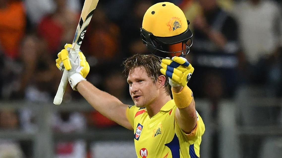 Chennai Super Kings’ Shane Watson celebrates after scoring a century (100 runs) during the 2018 IPL Twenty20 final against Sunrisers Hyderabad at the Wankhede stadium in Mumbai on May 27, 2018. (AFP)