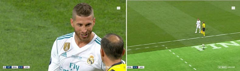 راموس، ضاحكا يتحدث إلى مساعد الحكم لحظة نقل محمد صلاح من الملعب