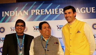 Royal Challengers Bangalore team Chairman Amrit Thomas, left, IPL Chairman Rajeev Shukla, center, and former New Zealand cricketer and Chennai Super Kings team coach Stephen Fleming pose after attending a press conference on the first day of the Indian Premier League (IPL) player auction in Bangalore, India. (AP)