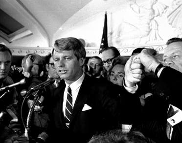 Sen. Robert F. Kennedy addresses a throng of supporters in the Ambassador Hotel before he turned into the kitchen corridor and was critically wounded. (AP) 