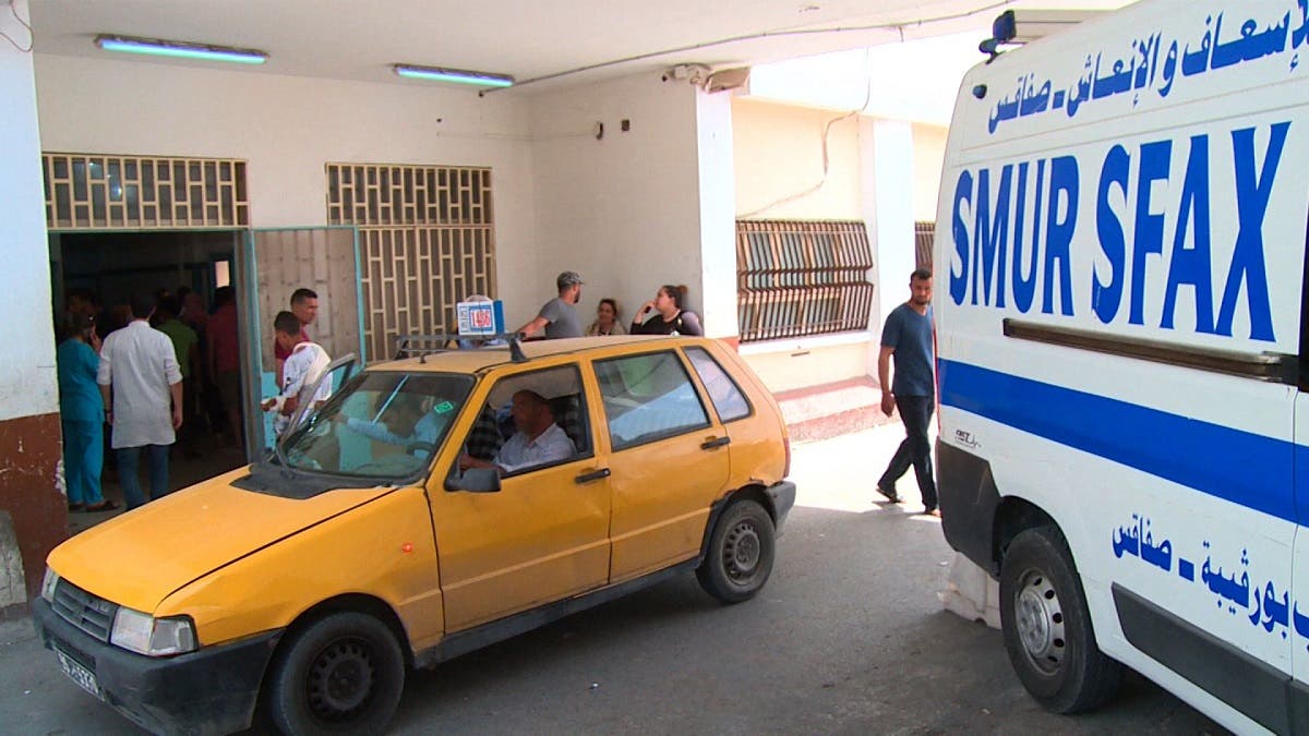 An image grab taken from an AFPTV video shows the entrance to the Habib Bourguiba University Hospital in Sfax, eastern Tunisia, to where victims of a migrant shipwreck were transported on June 3. (AFP)
