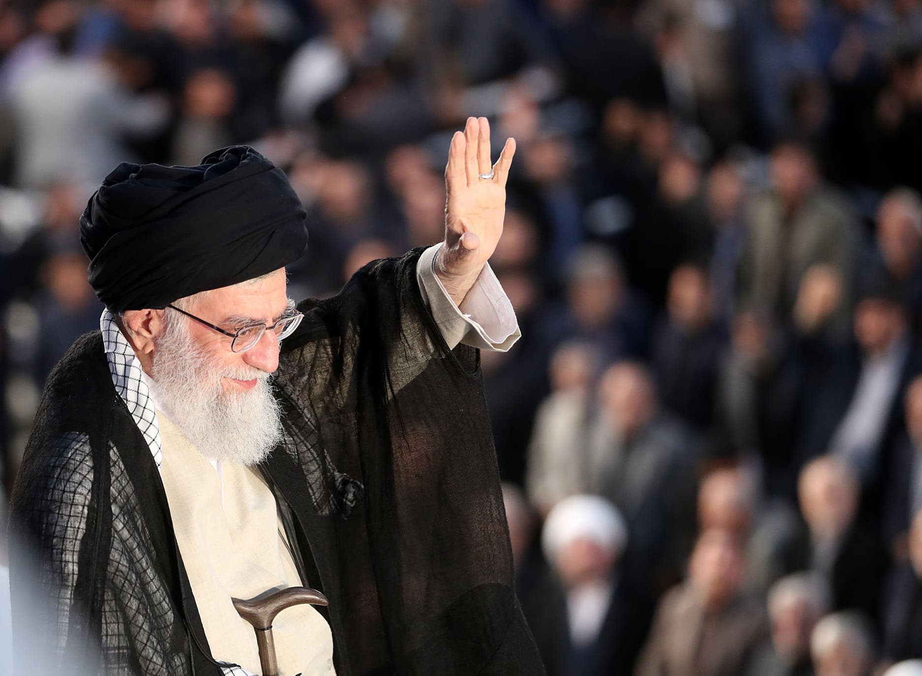 Supreme Leader Ayatollah Ali Khamenei greeting the crowd on the occasion of the 29th anniversary of the death of the founder of the Islamic Republic, Ayatollah Ruhollah Khomeini, at his mausoleum in Tehran on June 4, 2018. (AFP)