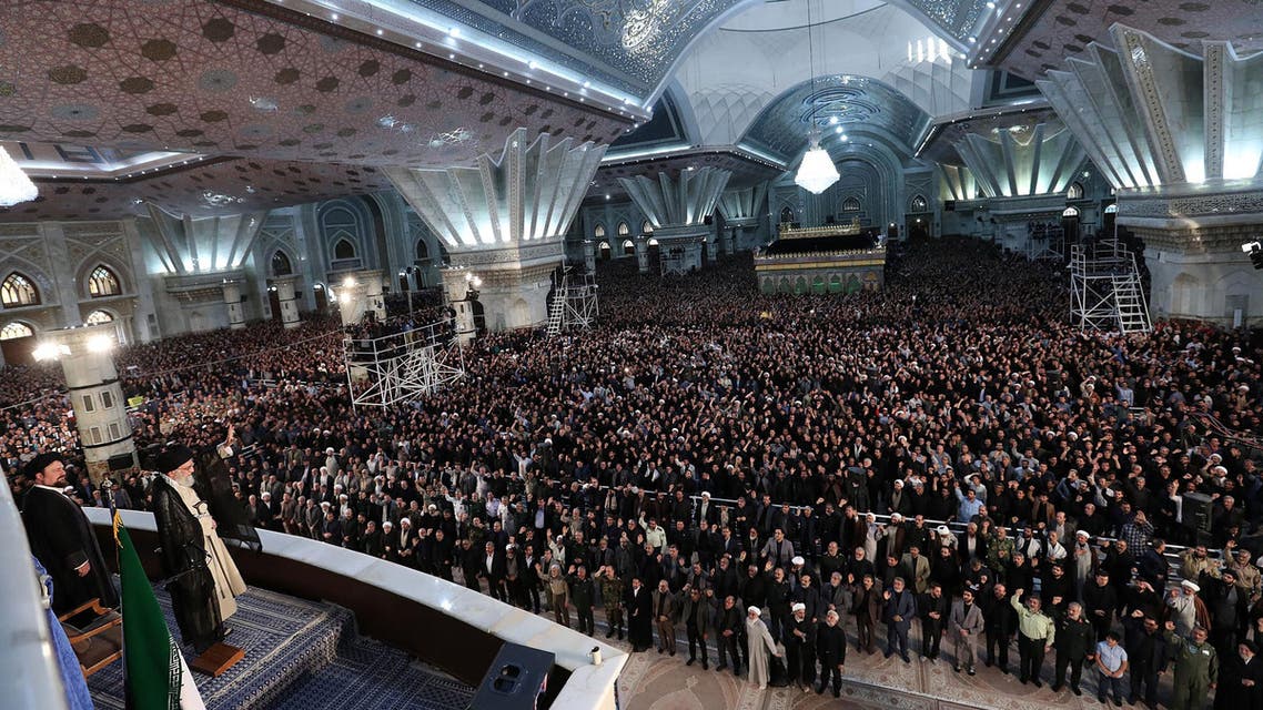 Iran’s Supreme Leader Ayatollah Ali Khamenei greeting the crowd in Tehran on June 4, 2018. (AFP)