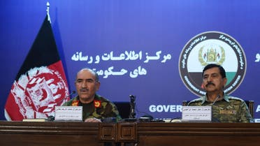 Afghan Army Chief of Staff, General Sharif Yaftali (L) and Deputy Minister, General Akhtar Mohammad Ibrahimi (R) look on during a press conference in Kabul on June 7, 2018. Afghanistan announced on June 7 a week-long ceasefire with the Taliban for Eid, though operations against other groups including ISIS will continue. (AFP)