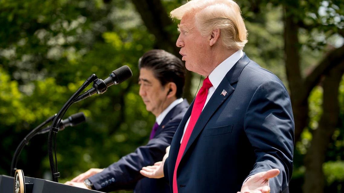 President Donald Trump accompanied by Japanese Prime Minister Shinzo Abe (left), speaks during a news conference in the Rose Garden at the White House on June 7, 2018, in Washington. (AP)
