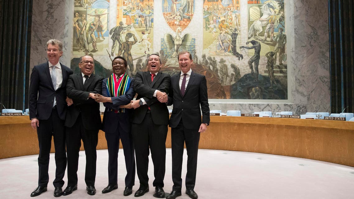 Indonesia ambassador to the United Nations Dian Triansyah Djani (second right) with ambassadors representing the other four countries, the Dominican Republic, South Africa, and Belgium at the Security Council chambers after their countries were elected as five non-permanent members of the Security Council. (AP)