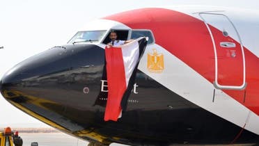 A handout picture released on June 10, 2018, by the Egyptian Civil Aviation Ministry shows the plane carrying Egypt's national football to attend the 2018 FIFA World Cup in Russia. (AFP)