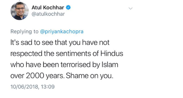 Kochhar tweeted: “It’s sad to see that you have not respected the sentiments of Hindus who have been terrorized by Islam over 2000 years. Shame on you.” (Screengrab)