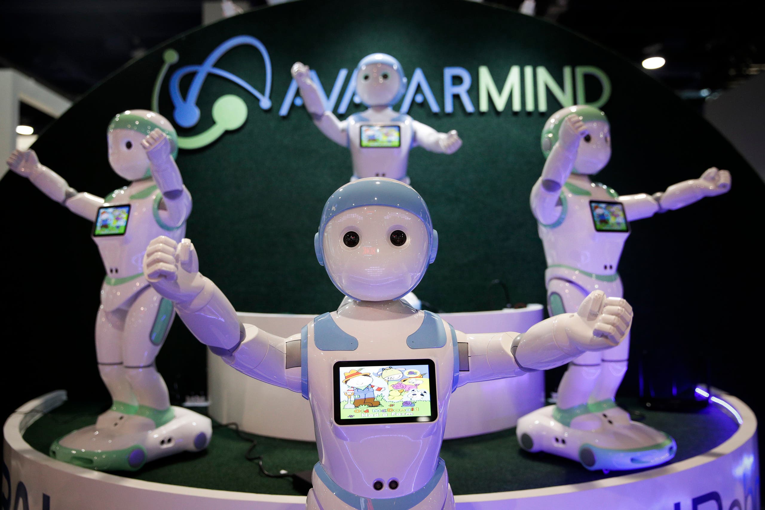 AvatarMind's iPal companion robots are displayed at CES International. (AP)