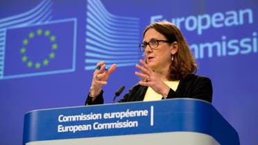 European Commissioner for Trade Cecilia Malmstrom speaks at EU headquarters in Brussels following the US announcement to impose tariffs. (AP)