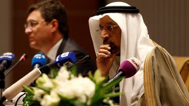 Saudi Energy Minister Khalid al-Falih and Russian Energy Minister Alexander Novak attend a news conference at the Ritz-Carlton hotel in Riyadh, Saudi Arabia February 14, 2018. (Reuters)
