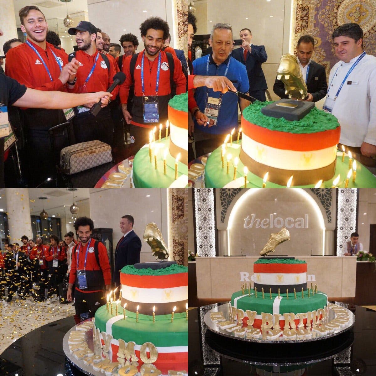Salah smiled and hugged his team mates as they sang 'Happy Birthday' in English and Arabic before blowing out the candles. (Supplied)