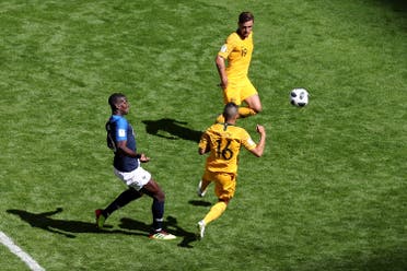 France’s Paul Pogba scores their second goal against Australia in their opening World Cup Group C game. (Reuters)