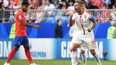 Serbia’s Aleksandar Kolarov (R) celebrates after scoring during the Russia 2018 World Cup Group E match against Costa Rica at the Samara Arena in Samara on June 17, 2018. (AFP)