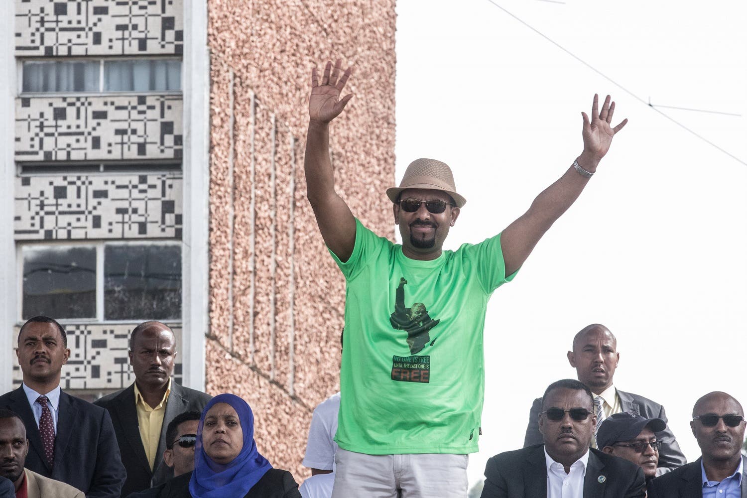 Ethiopia Prime Minister Abiy Ahmed waves to the crowd during a rally on Meskel Square in Addis Ababa on June 23, 2018, before the blast went off at the venue. (AFP)