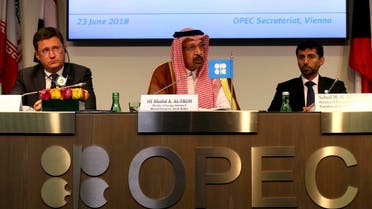 Russian Energy Minister Alexander Novak, Khalid Al-Falih, Minister of Energy, Industry and Mineral Resources of Saudi Arabia, and Minister of Energy of the UAE, UAE, Suhail Mohamed Al Mazrouei (from left), at the news conference in Vienna. (AP)
