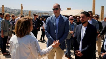 Britain's Prince William stands with Jordan's Crown Prince Hussein during his visit to the ancient city of Jerash. (Reuters)