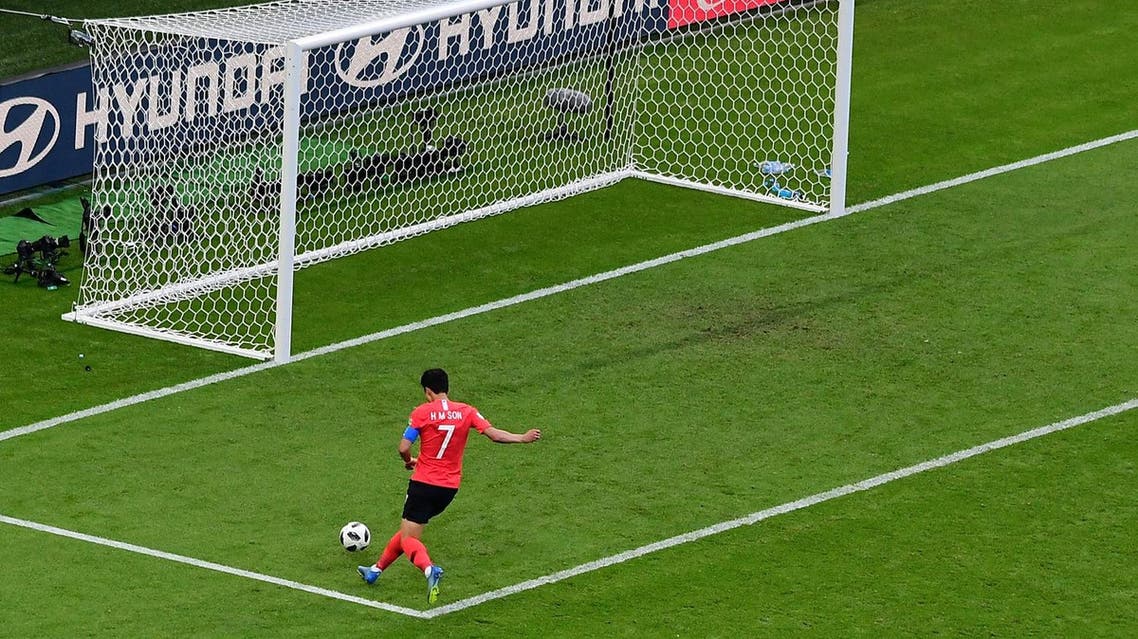 South Korea’s Son Heung-min scores his team’s second goal at the Kazan Arena on June 27, 2018. (AFP)