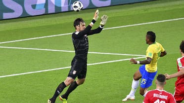 Brazil’s midfielder Paulinho (R) scores a goal past Serbia’s goalkeeper Vladimir Stojkovic (L) during the Russia 2018 World Cup Group E football on June 27, 2018. (AFP)