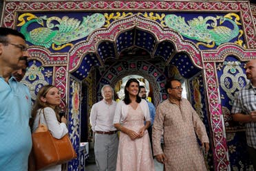 Nikki Haley comes out after visiting a Hindu temple in the old quarters of Delhi on June 28, 2018. (Reuters)