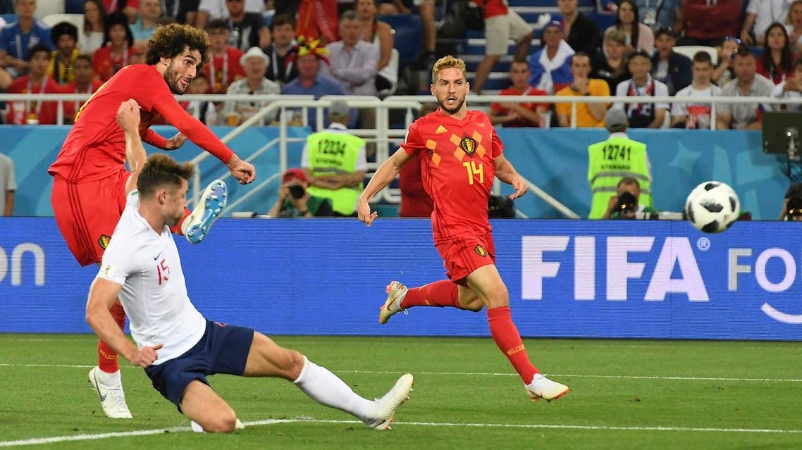 Belgium’s midfielder Marouane Fellaini has a shot during the Russia 2018 World Cup Group G football match between England and Belgium on June 28, 2018. (AFP)