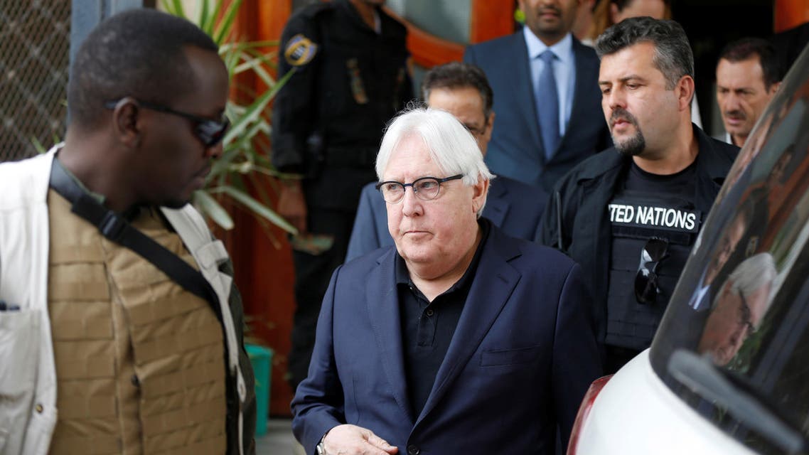 U.N. envoy to Yemen Martin Griffiths is escorted by bodyguards as he arrives at Sanaa airport in Sanaa, Yemen June 16, 2018. REUTERS