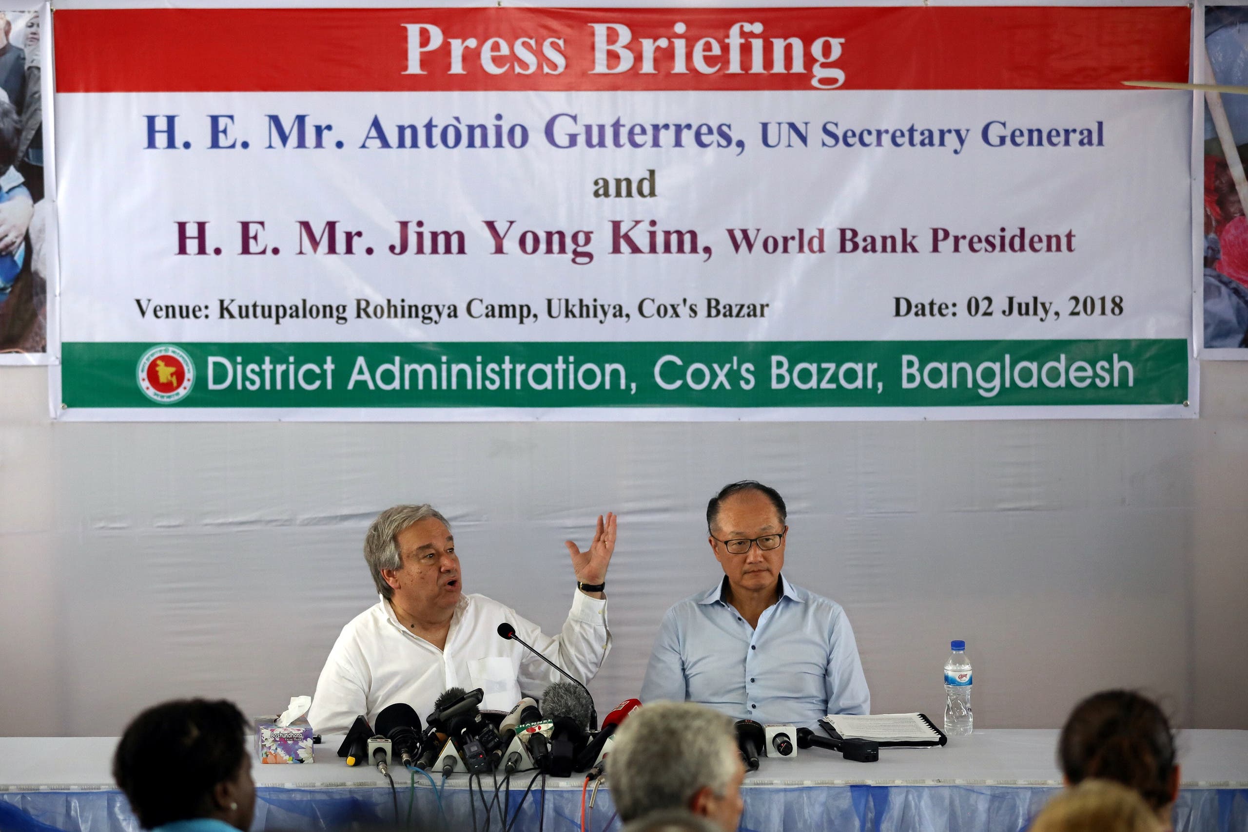 U.N. Secretary General Antonio Guterres and World Bank president Jim Yong Kim attend a press briefing at the Kutupalong refugee camp in Cox’s Bazar, Bangladesh, July 2, 2018. REUTERS