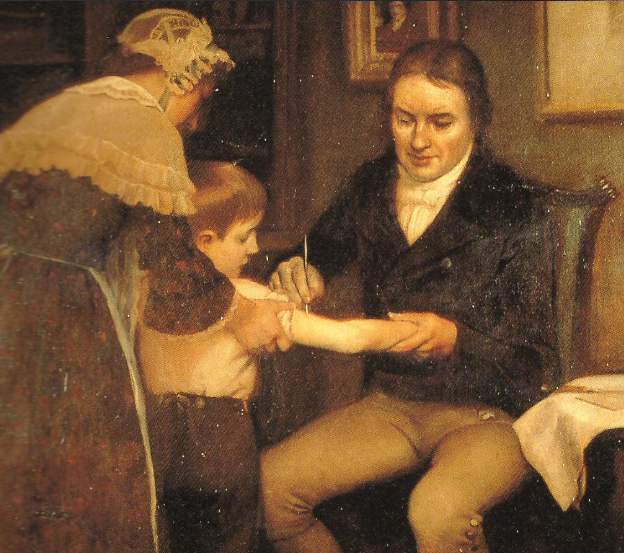 رسم تخيلي للطبيب إدوارد جينر خلال قيامه بأولى عملية تلقيح ضد الجدري على الطفل جيمس فيبس