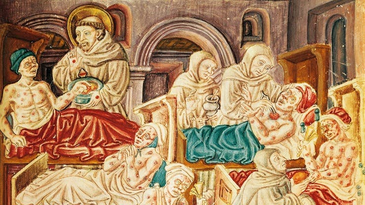رسم تخيلي لعدد من المرضى خلال العصور الوسطى و عجز الطب خلال تلك الفترة عن مساعدتهم