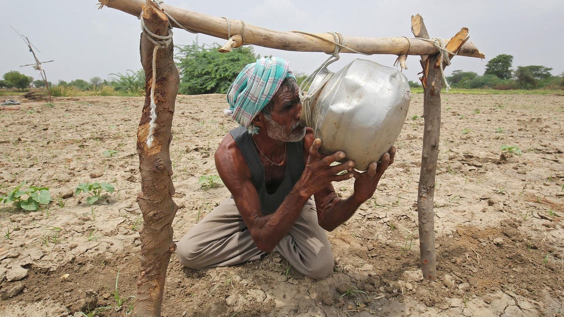 A farmer drinks water as he works in a paddy field on the outskirts of Ahmedabad on June 29, 2018. (Reuters)