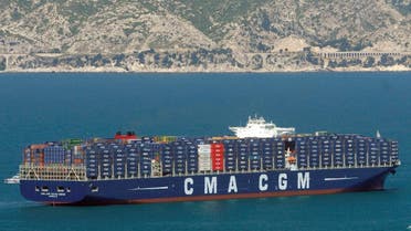  File photo of “Jules Verne” of CMA CGM group, a French container transportation and shipping company, sails off the Marseille harbour, southern France. (AP)