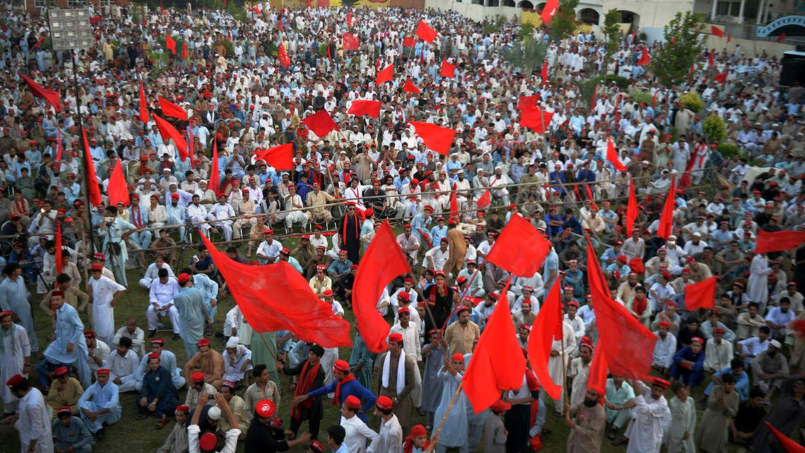 Supporters of Awami National Party take part in an election campaign rally in Charsadda, Pakistan, Saturday, July 7, 2018. (AP)