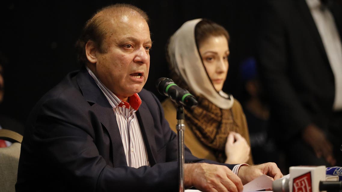 Nawaz Sharif and Maryam Nawaz attend a UK PMLN Party Workers Convention meeting with supporters in London on July 11, 2018. (AFP)
