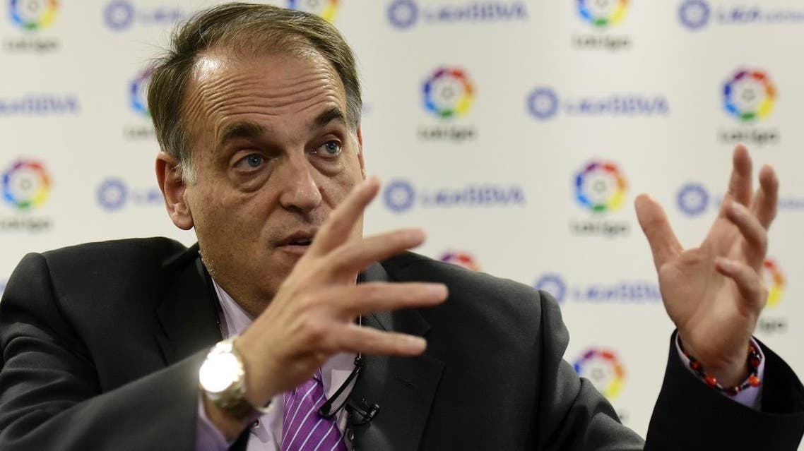 File photo of Spanish League Football President Javier Tebas speaks during an interview. (AFP)
