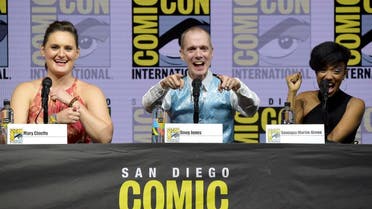 Mary Chieffo, from left, Doug Jones and Sonequa Martin-Green react to the crowd at the “Star Trek: Discovery” panel on day two of Comic-Con International on Friday, July 20, 2018, in San Diego. (AP)